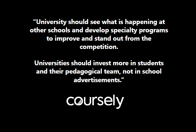 University should see what is happening at other schools and develop specialty programs to improve and stand out from the competition. Universities should invest more in students and their pedagogical team, not in school advertisements