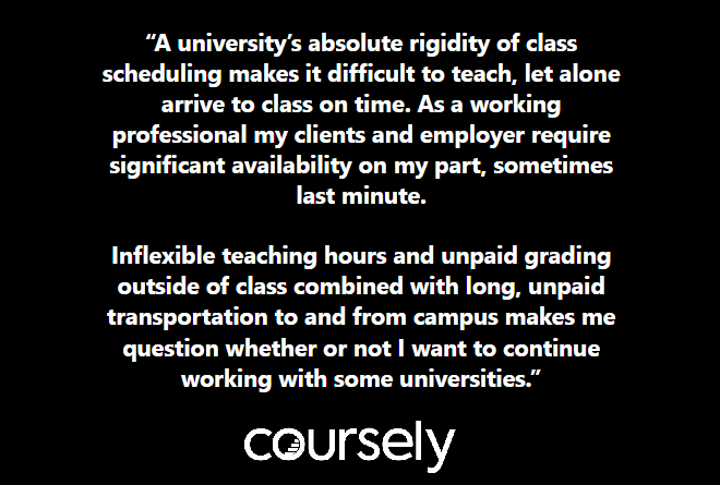 A university's absolute rigidity of class scheduling makes it difficult to teach, let alone arrive to class on time. As a working professional my clients and employer require significant availability on my part, sometimes last minute. Inflexible teaching hours and unpaid grading outside of class combined with long, unpaid transportation to and from campus makes me question whether or not I want to continue working with some universities.