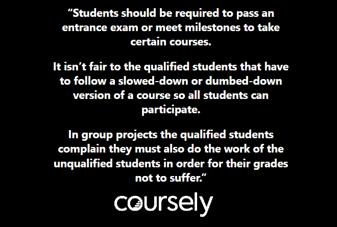 Students should be required to pass an entrance exam or meet milestones to take certain courses. It isn’t fair to the qualified students that have to follow a slowed-down or dumbed-down version of a course so all students can participate. In group projects the qualified students complain they must also do the work of the unqualified students in order for their grades not to suffer.