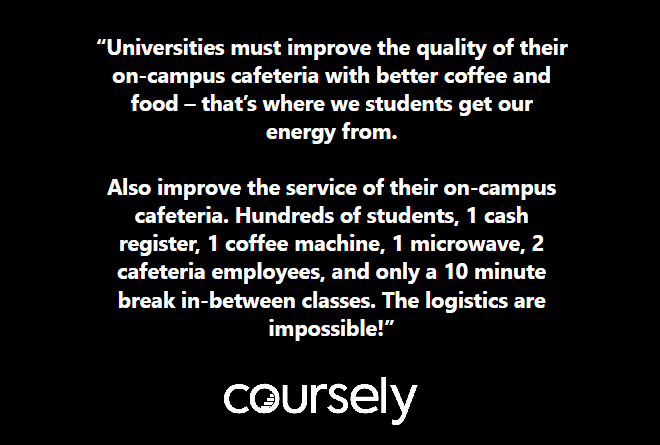 Improve the quality of on-campus cafeteria with better coffee and food - that's where we get our energy from. Improve the service of on-campus cafeteria. Hundreds of students. 1 cash register with 2 employees, and a 10 minute break in-between classes. Impossible.