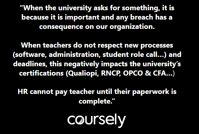 When the university asks for something, it is because it is important and any breach has a consequence on our organization. When teachers do not respect new processes (software, administration, student role call...) and deadlines, this negatively impacts the university's certifications (Qualiopi, RNCP, OPCO & CFA...) HR cannot pay teacher until their paperwork is complete.