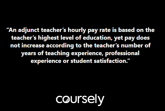 An adjunct teacher's hourly pay rate is based on the teacher's highest level of education, yet pay does not increase according to the teacher's number of years of teaching experience, professional experience or student satisfaction.