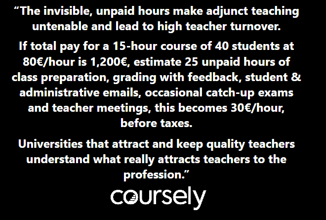 The invisible, unpaid hours make adjunct teaching untenable and lead to high teacher turnover. If total pay for a 15-hour course of 40 students at 80€/hour is 1,200€, estimate 25 unpaid hours of class preparation, grading with feedback, student & administrative emails, occasional catch-up exams and teacher meetings, this becomes 30€/hour, before taxes. Universities that attract and keep quality teachers understand what really attracts teachers to the profession.