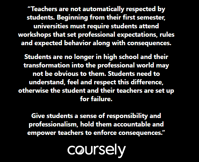 "Teachers are not automatically respected by students. Beginning from their first semester, universities must require students attend workshops that set professional expectations, rules and expected behavior along with consequences. Students are no longer in high school and their transformation into the professional world may not be obvious to them. Students need to understand, feel and respect this difference, otherwise the student and their teachers are set up for failure. Give students a sense of responsibility and professionalism, hold them accountable and empower teachers to enforce consequences.