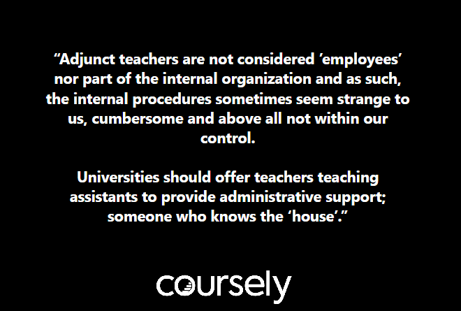 Adjunct teachers are not considered 'employees' nor part of the internal organization and as such, the internal procedures sometimes seem strange to us, cumbersome and above all not within our control. Universities should offer teachers teaching assistants to provide administrative support; someone who knows the 'house'.