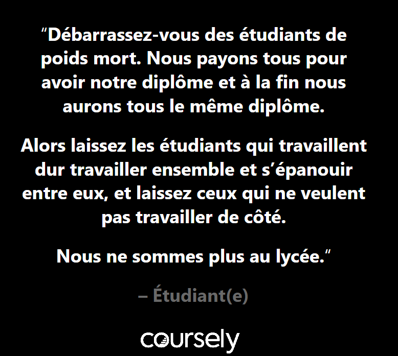 Débarrassez-vous des étudiants de poids mort. Nous payons tous pour avoir notre diplôme et à la fin nous aurons tous le même diplôme. Alors laissez les étudiants qui travaillent dur travailler ensemble et s’épanouir entre eux, et laissez ceux qui ne veulent pas travailler de côté. Nous ne sommes plus au lycée.