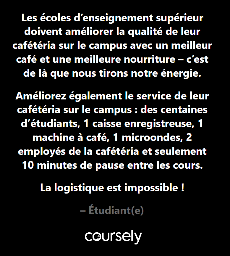 "Les écoles d'enseignement supérieur doivent améliorer la qualité de leur cafétéria sur le campus avec un meilleur café et une meilleure nourriture - c'est de là que nous tirons notre énergie. Améliorez également le service de leur cafétéria sur le campus : des centaines d'étudiants, 1 caisse enregistreuse, 1 machine à café, 1 microondes, 2 employés de la cafétéria et seulement 10 minutes de pause entre les cours. La logistique est impossible !"