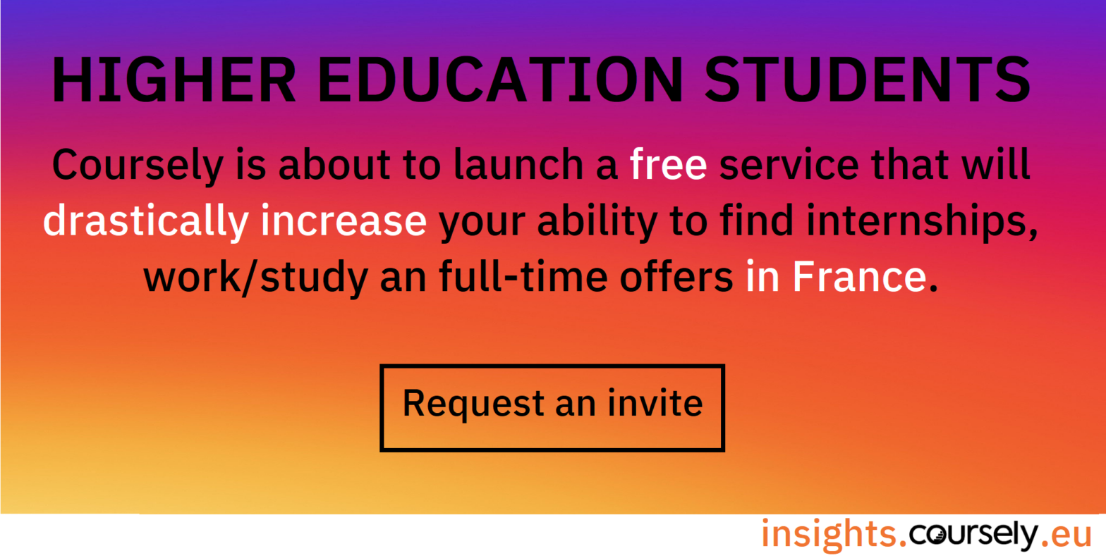 Higher Education Students. Coursely is about to launch a free service that will drastically increasea your ability to find internships, work/study and full-time offers in France.